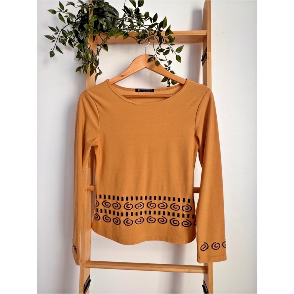 VTG Y2K Whimsical GothicBoho Grunge Burnt Orange Long Sleeve Swirl Gold Border S
